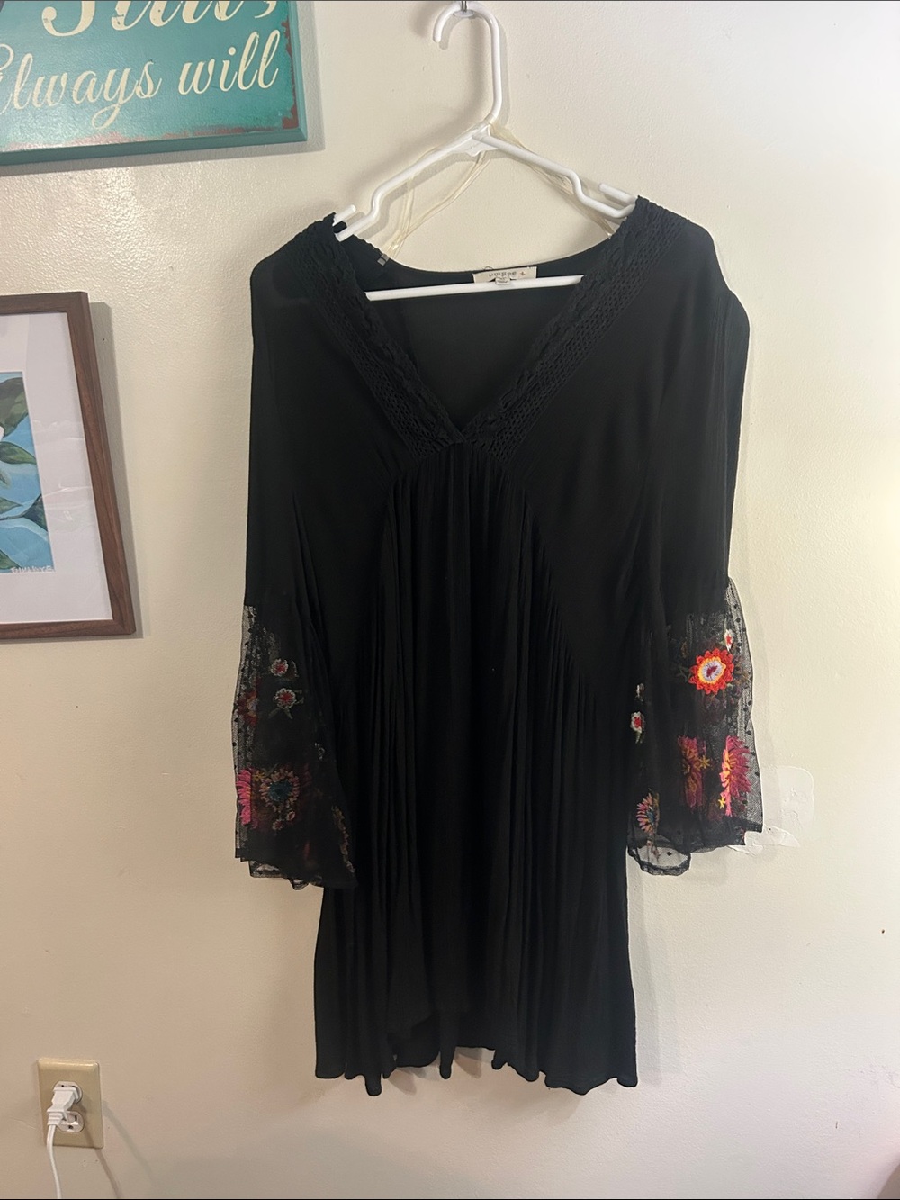Umgee Black V-Neck Dress with Embroidered Bell Sleeves